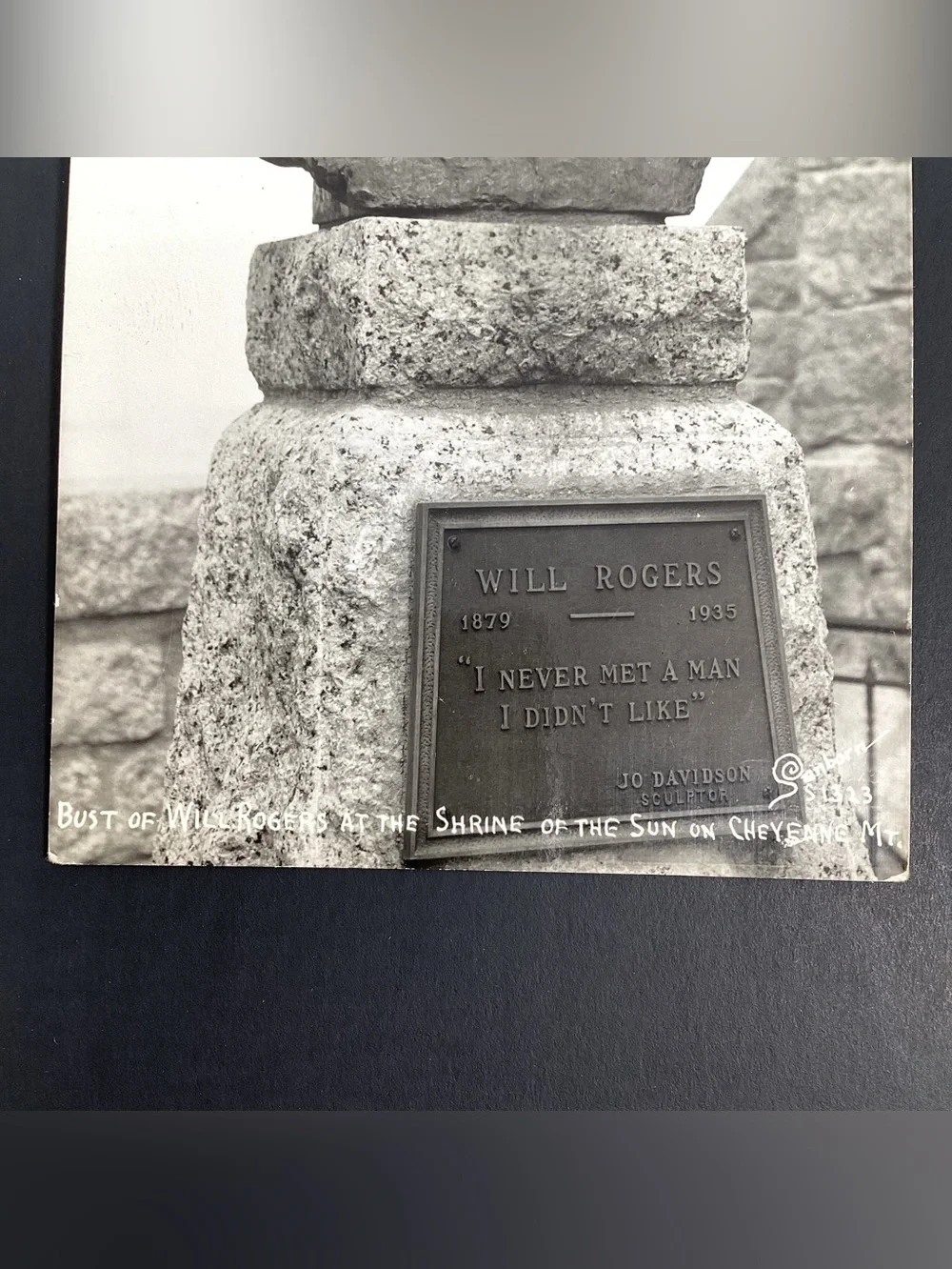 RPPC Will Rogers Bust at Shrine Of Sun Cheyenne Mountain CO, Photo Postcard